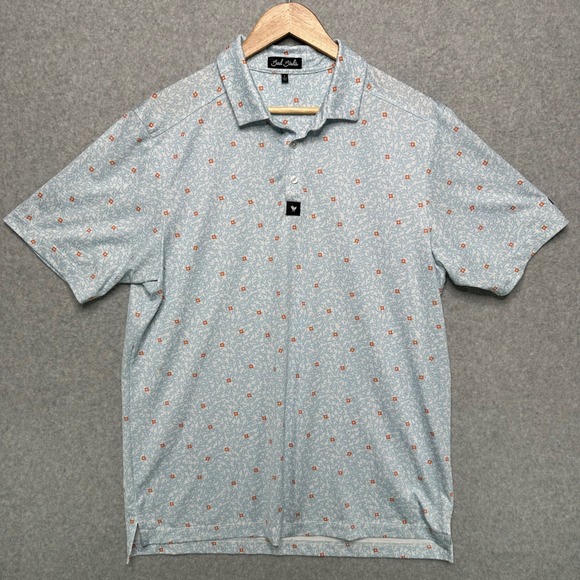 Bad Birdie Mens Large Golf Polo Shirt Blue Orange Floral Leaf Print RN158230 - Picture 2 of 7